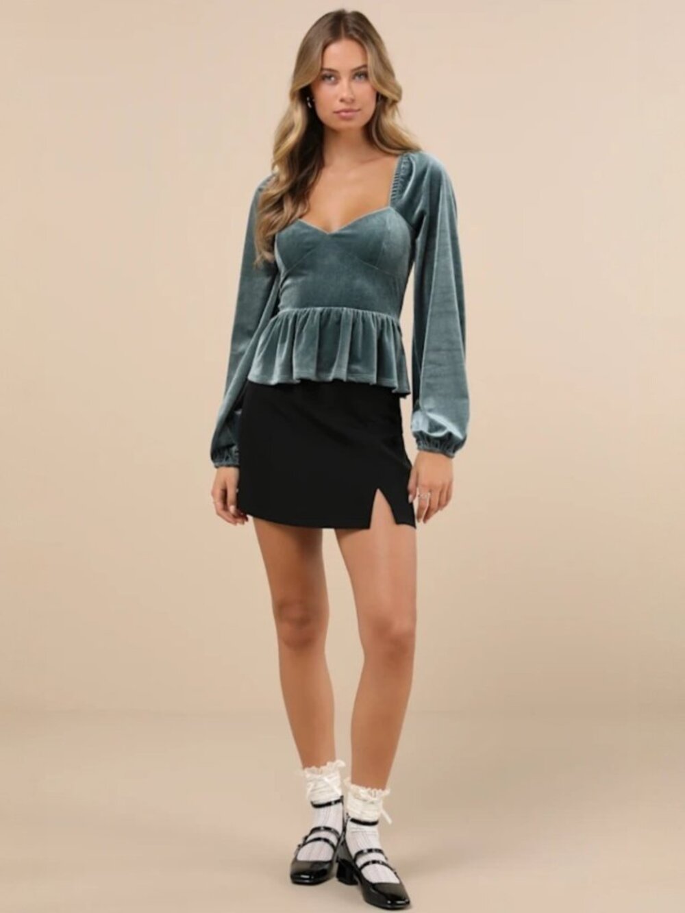 Lulus Marvelously Sweet Sage Blue Velvet Long Sleeve Peplum Top NWT